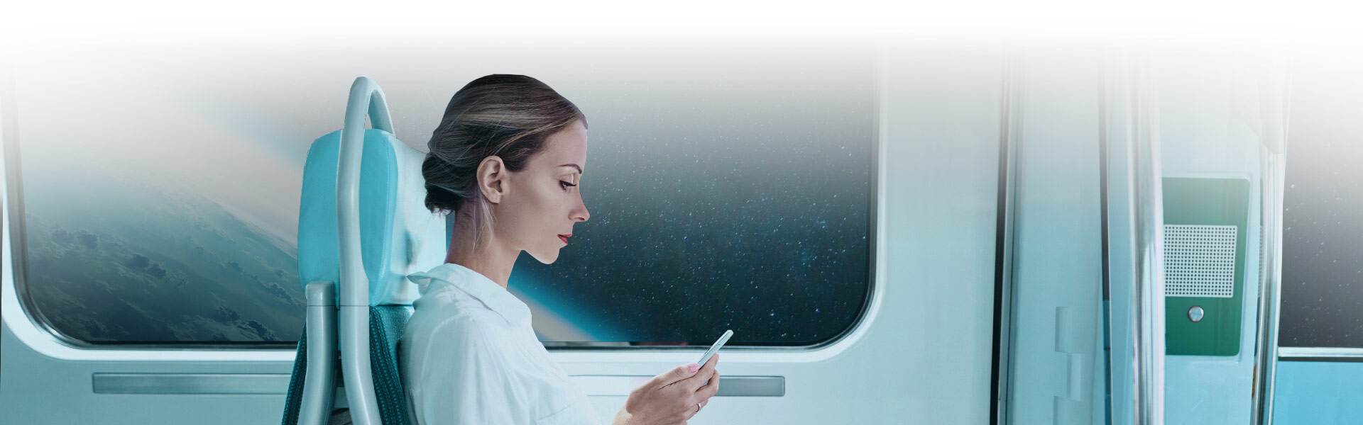 Zyxel Nebula intro image - woman sitting on the monorail from the main image on her mobile phone