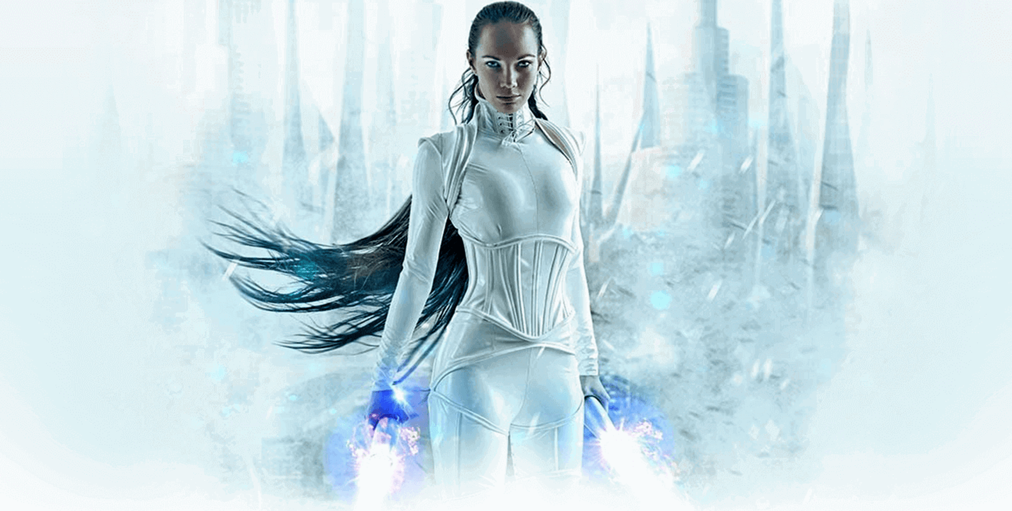 Gaming style image of woman in white with frosty background, holding two beam sabres